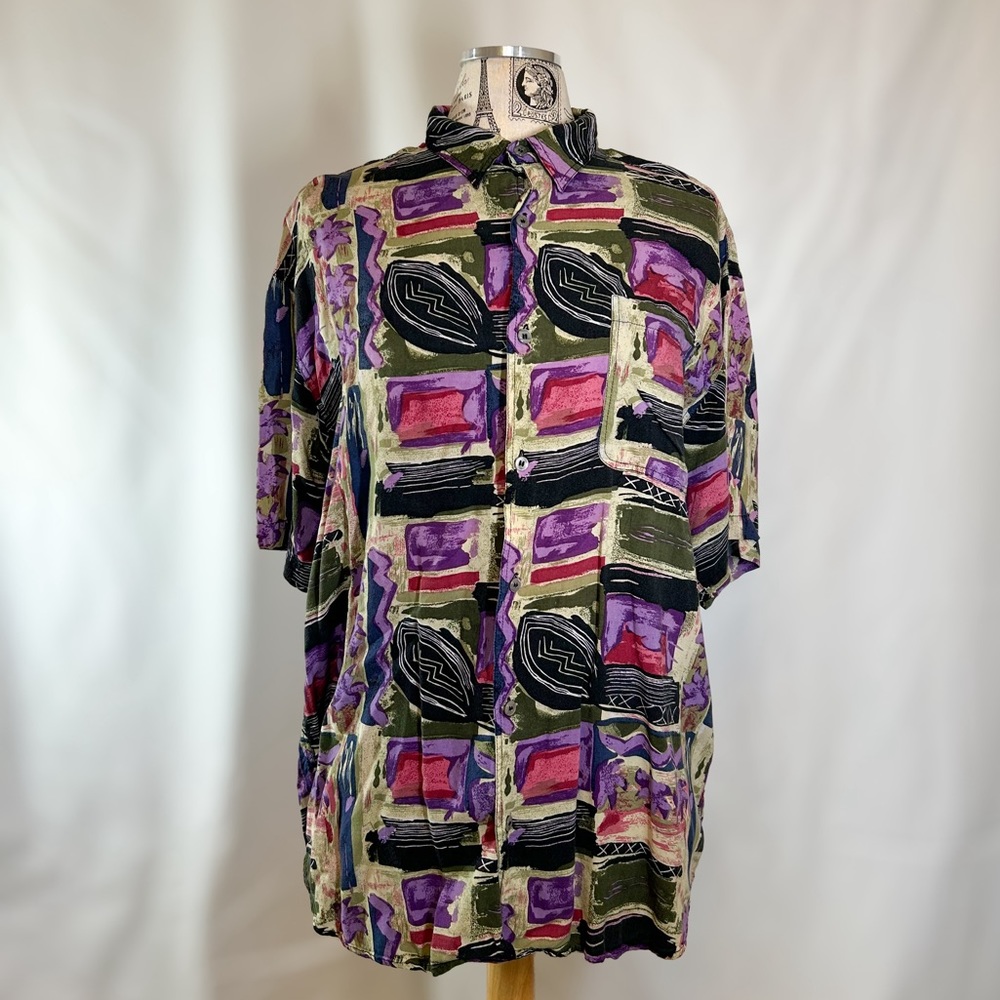 Robert Stock Vintage Rayon Retro Patterned Short Sleeve Button Up Blouse